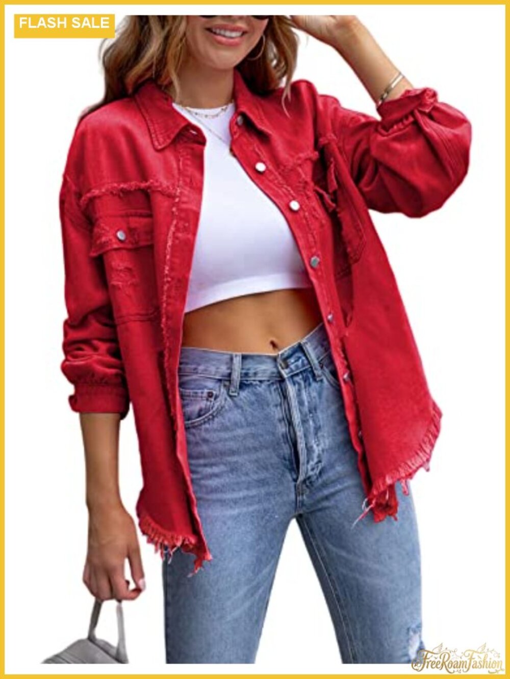 Women's Oversized Distressed Ripped Denim Jean Jacket Button Front